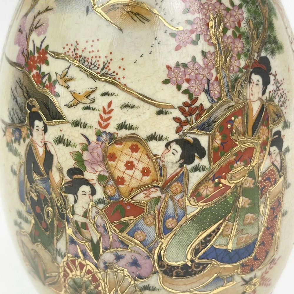 Vtg Royal Satsuma Egg Hand Painted Geisha Porcelain Gilded Hand Painted 6